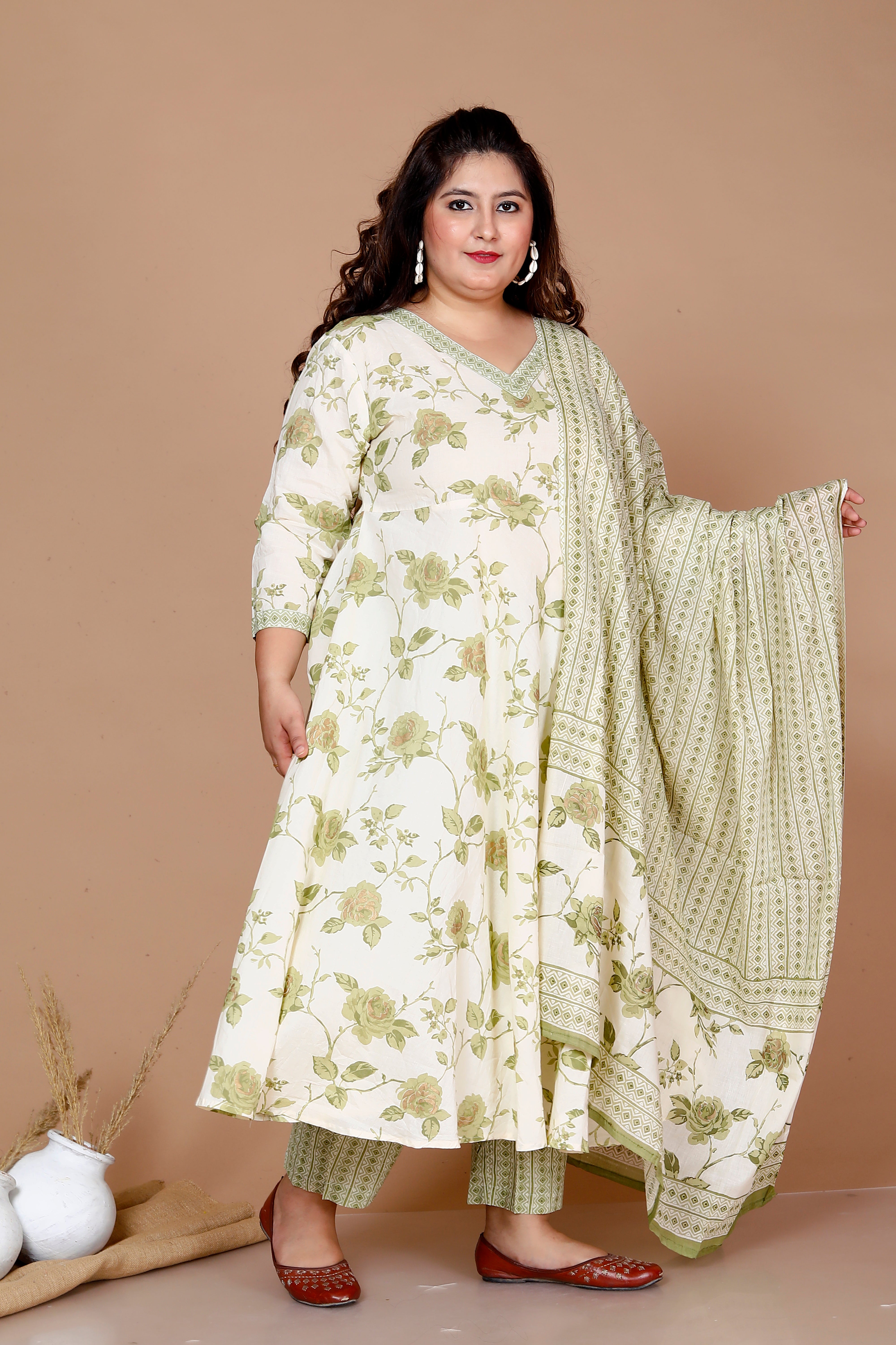 Green Floral Printed Cotton Anarkali Kurta with Palazzo and Dupatta Set